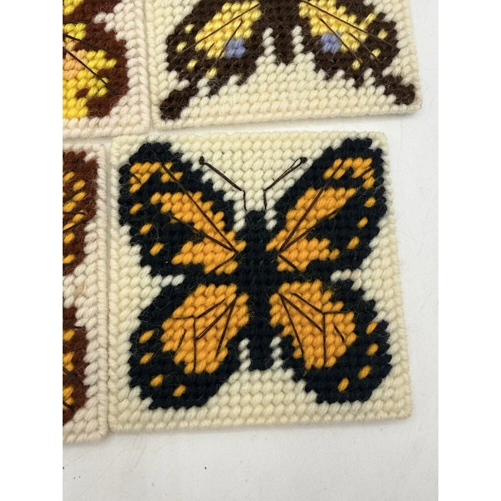 VTG 5 Butterfly Monarch + Handmade Plastic Canvas Coaster Sets w/ Basket Holder